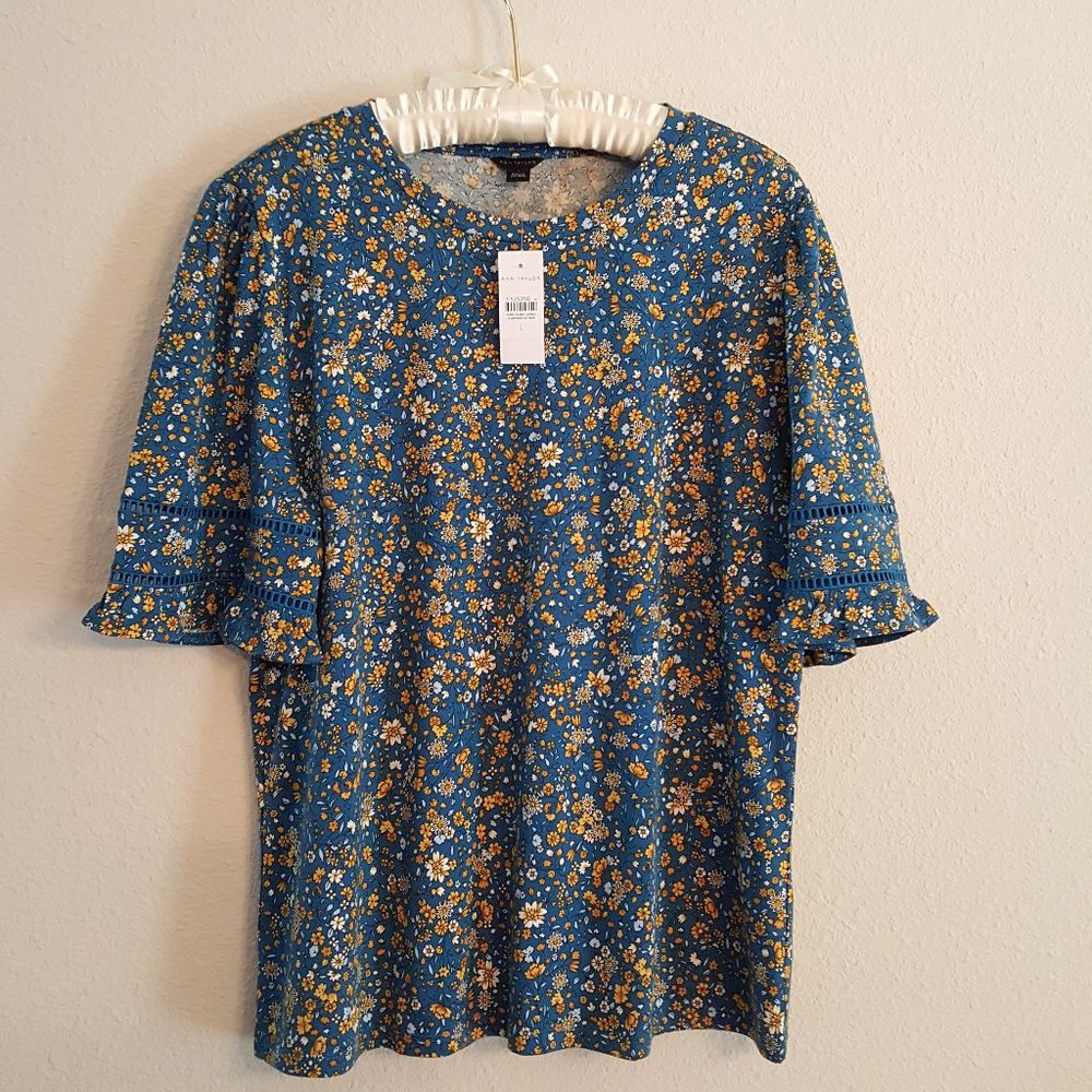 Ann Taylor Floral Bell Sleeve Top Size L